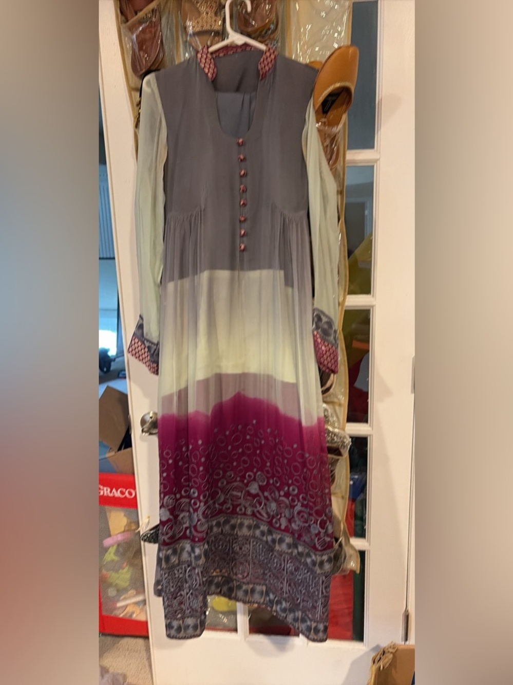 Long Sleeve Maxi Dress Suit in Gray, Cream & Magenta with 3 pieces